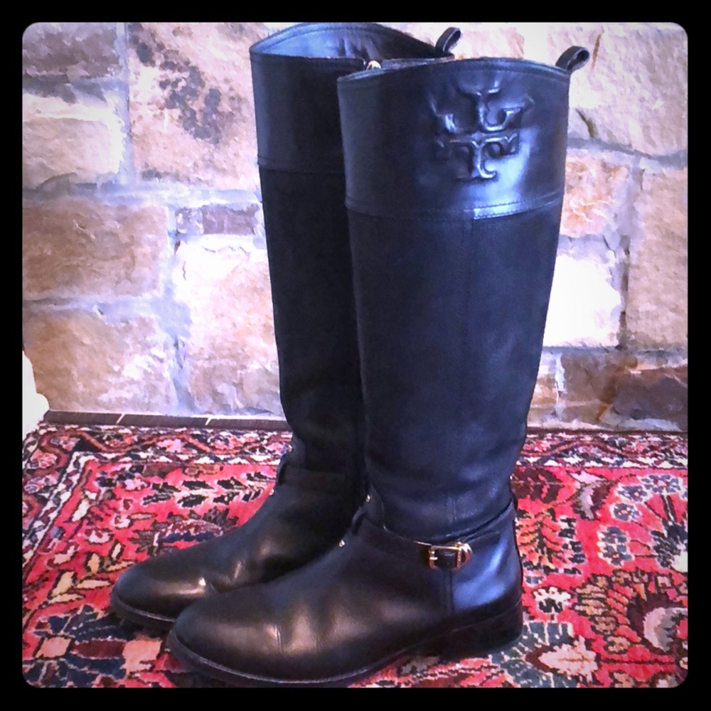 Tory Burch Black Leather Suede Riding Boots 8.5